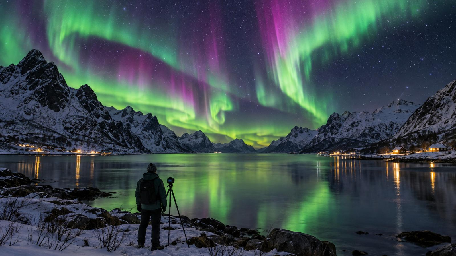 Nordlys over en nordnorsk fjord. Vinteren 2026/27 ventes å gi flere nordlysnetter enn på over 20 år.
