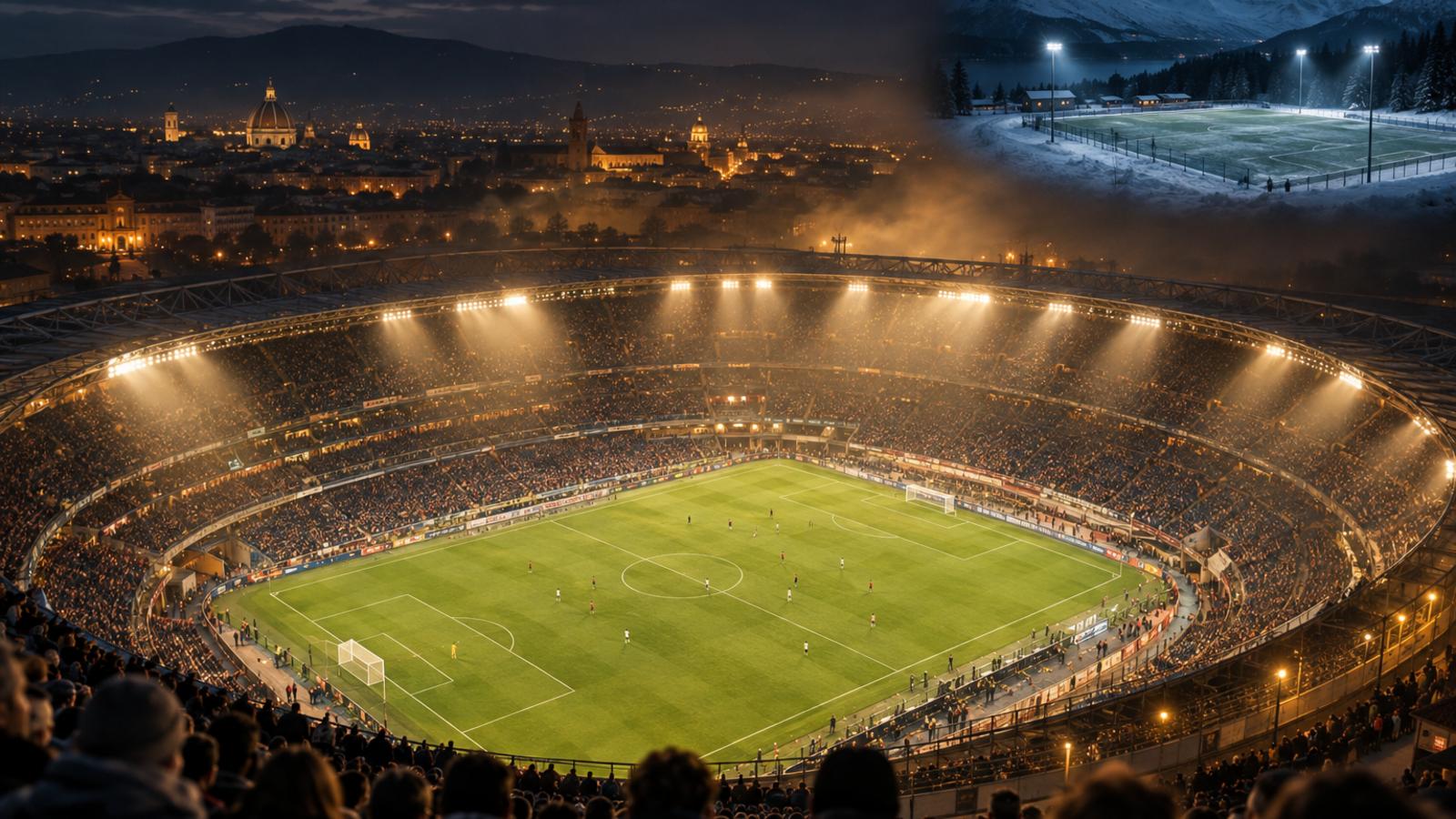 Flomlyst stadion i Sør-Italia og en kald bane i nord: to ulike verdener for Bodø/Glimt. Illustrasjon: KI-generert.
