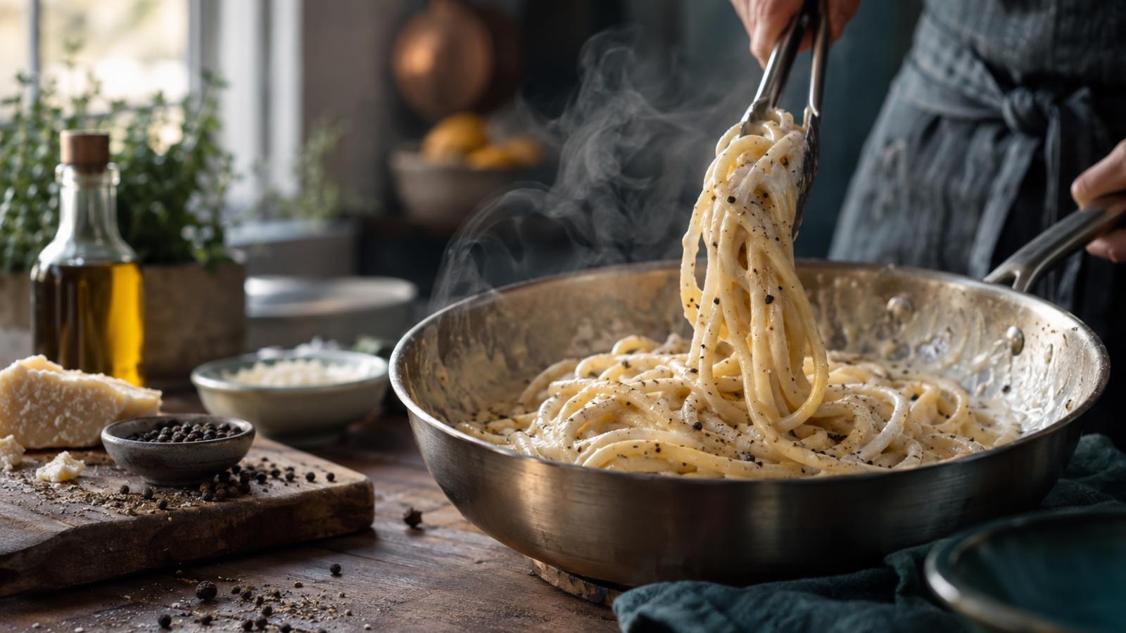 Blank cacio e pepe i stekepannen: med målt stivelse holder pecorinosausen seg jevn. Illustrasjon: KI-generert.