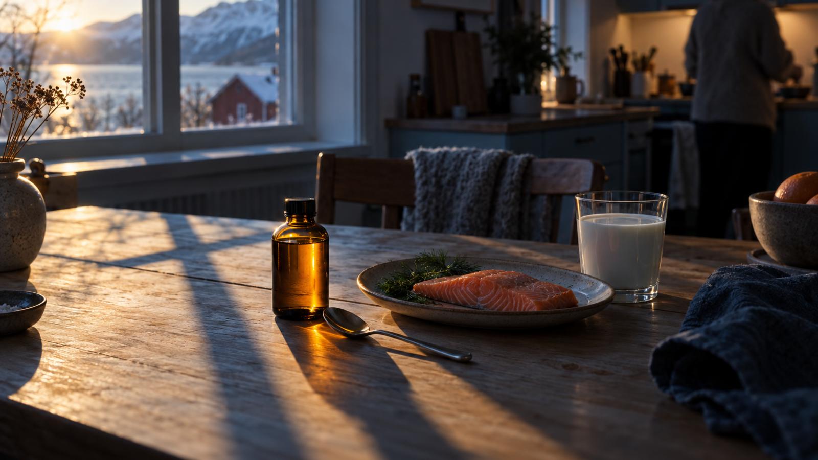 Lav vintersol over frokostbordet: fra oktober til mars/april er sola i Norge for svak til at huden lager vitamin D. Illustrasjon: KI-generert.