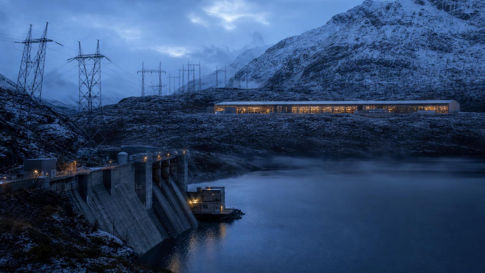 Clean hydropower meets data hunger: transmission lines carry power from a northern Norwegian reservoir toward a glowing data centre at dusk.